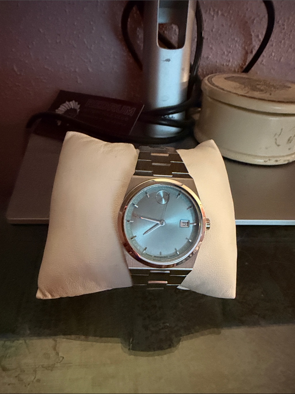 Movado Stainless Steel Watch With Light Blue Dial